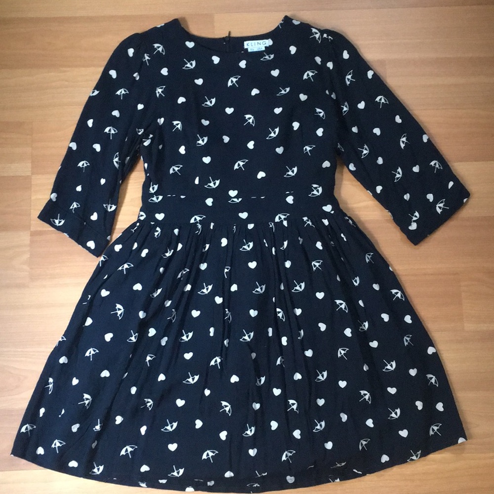 Kling Black Mini Dress with White Heart & Bird Print